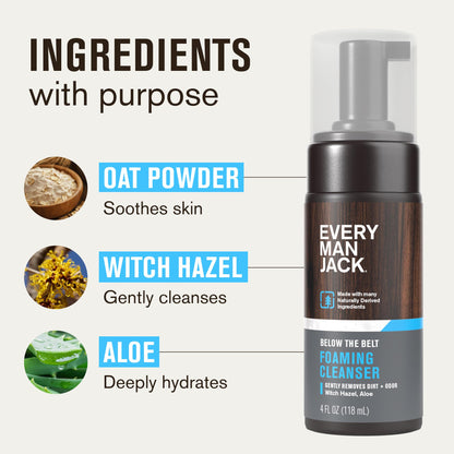 Every Man Jack Foaming Groin Wash – Gentle Cleansing for Sensitive Groin Skin with Witch Hazel & Aloe Vera, 4 oz