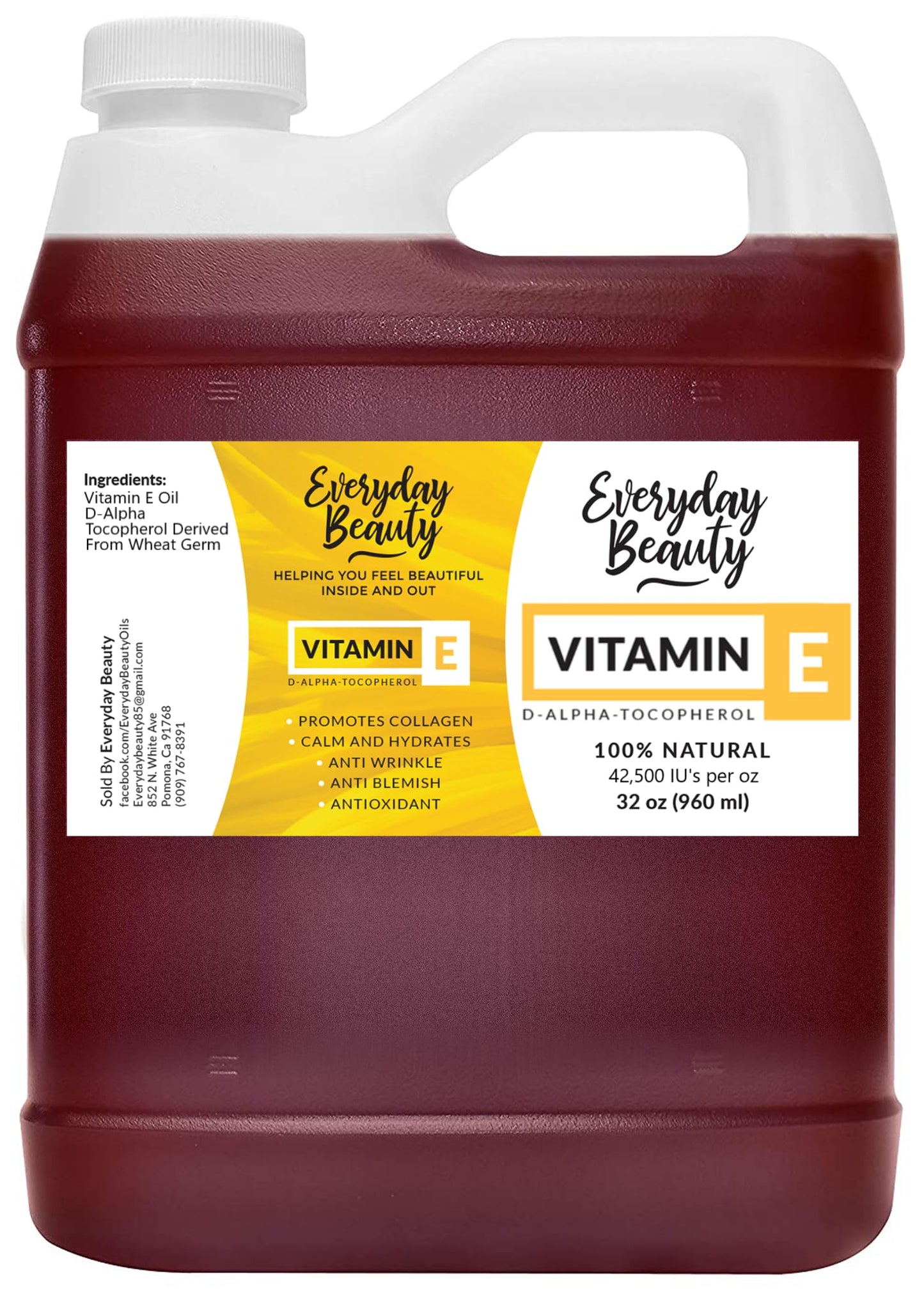 Everyday Beauty Pure Vitamin E Oil Bulk – 32 oz, 100% D-Alpha Tocopherol from Wheat Germ