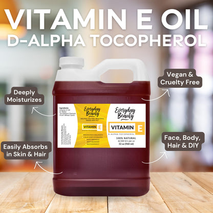 Everyday Beauty Pure Vitamin E Oil Bulk – 32 oz, 100% D-Alpha Tocopherol from Wheat Germ