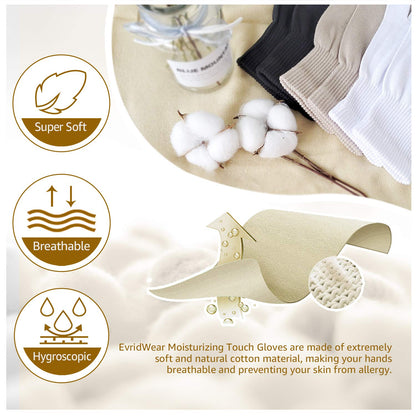 Evridwear Men Moisturizing Cotton Gloves with Touchscreen Fingertips – Overnight Hand Care, 6 Pairs, XS, Black