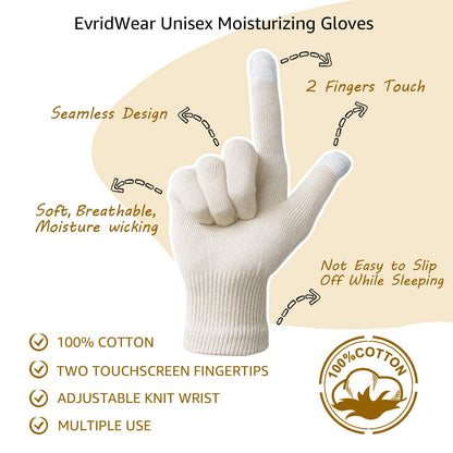 Evridwear Unisex Moisturizing Cotton Gloves with Touchscreen Tips - 6 Pairs, S/M, Beige
