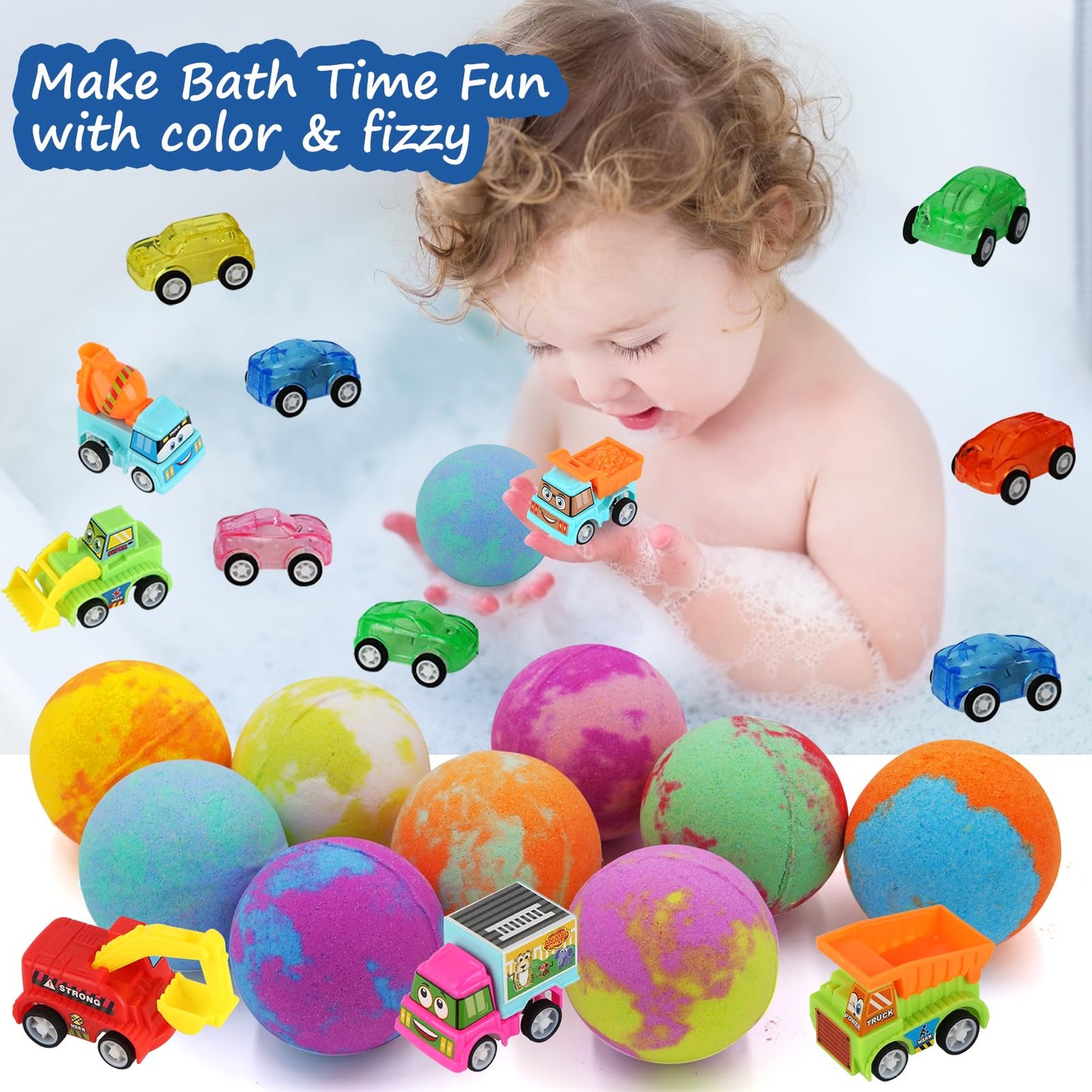 Excalla 9-Pack Kids Bath Bombs with Pull-Back Cars – Colorful Bubbles & Fragrance