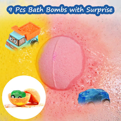Excalla 9-Pack Kids Bath Bombs with Pull-Back Cars – Colorful Bubbles & Fragrance