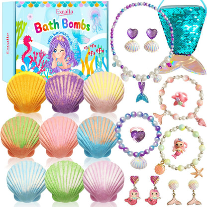 Excalla Mermaid Bath Bombs with Jewelry Inside – 9 Scents Kids Gift Set