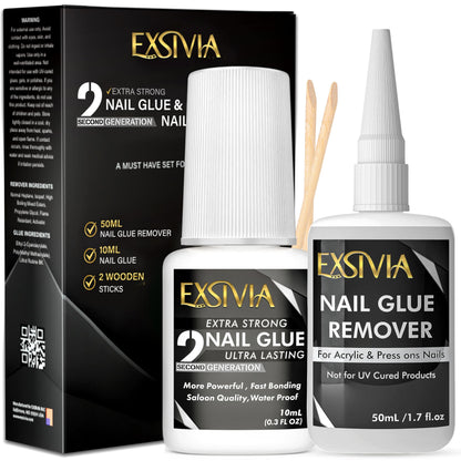 EXSIVIA Super Strong 2nd Gen Nail Glue Kit – 10ml Glue + Acetone-Free Remover (50ml)