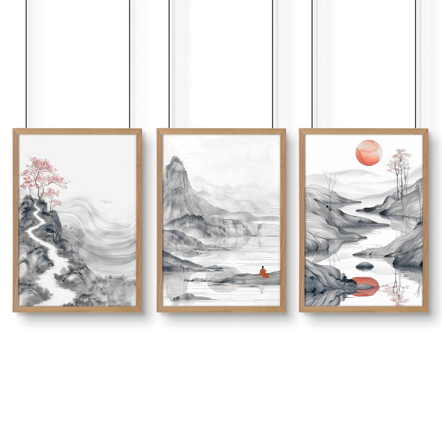 Extra Large Wall Art Framed | Set of 3 Asian Inspired Wall art Prints