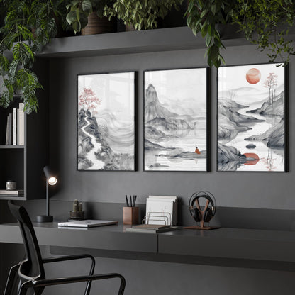 Extra Large Wall Art Framed | Set of 3 Asian Inspired Wall art Prints