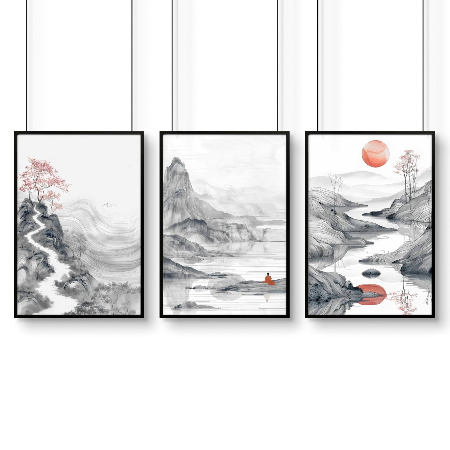 Extra Large Wall Art Framed | Set of 3 Asian Inspired Wall art Prints