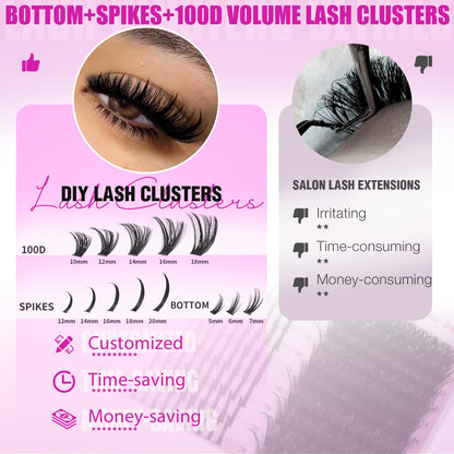 EYDEVRO Volume Eyelash Clusters Kit 100D with Spikes & 300 Pcs