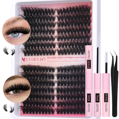 EYDEVRO Fluffy Lash Clusters Kit 80D/100D – Mega Volume Extensions with Bond, Seal & Tweezers
