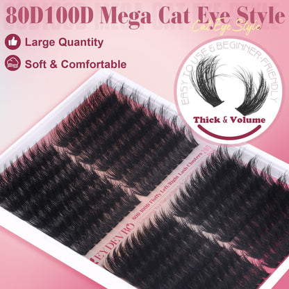 EYDEVRO Fluffy Lash Clusters Kit 80D/100D – Mega Volume Extensions with Bond, Seal & Tweezers