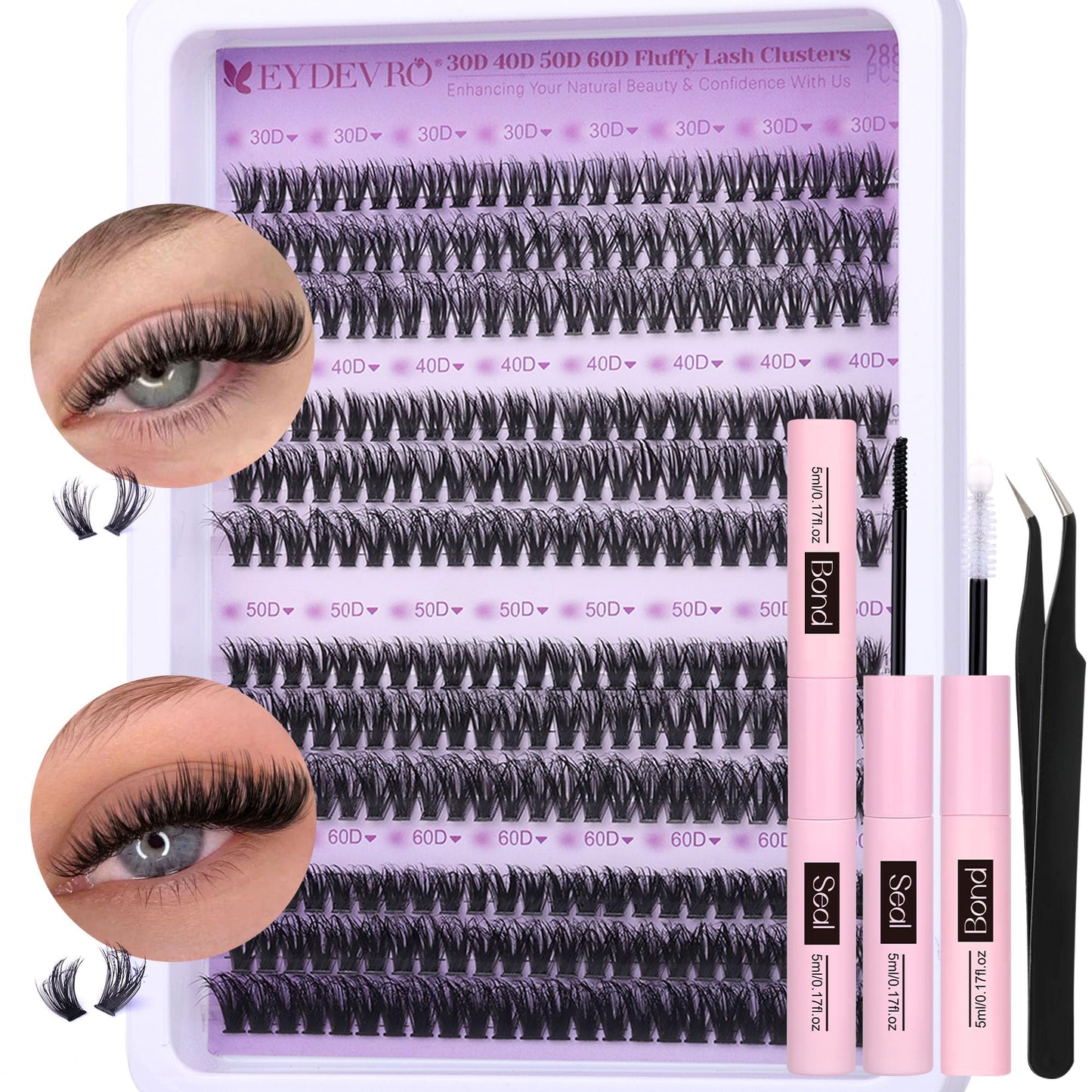 EYDEVRO Lash Clusters Kit 30D-60D – DIY Extensions with Bond, Seal & Tweezers