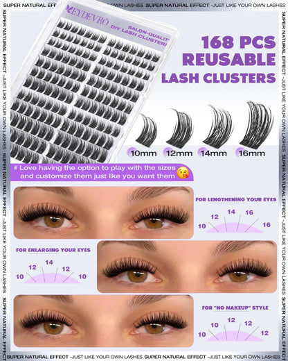 EYDEVRO Wispy Lash Clusters Kit – Natural DIY Lash Extensions, 10-16mm D Curl, Bond & Seal, Tweezers