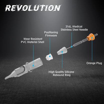EZTat2 Revolution Cartridge Needles #12 (11RS) – 50Pcs, Standard Round Shader with Membrane