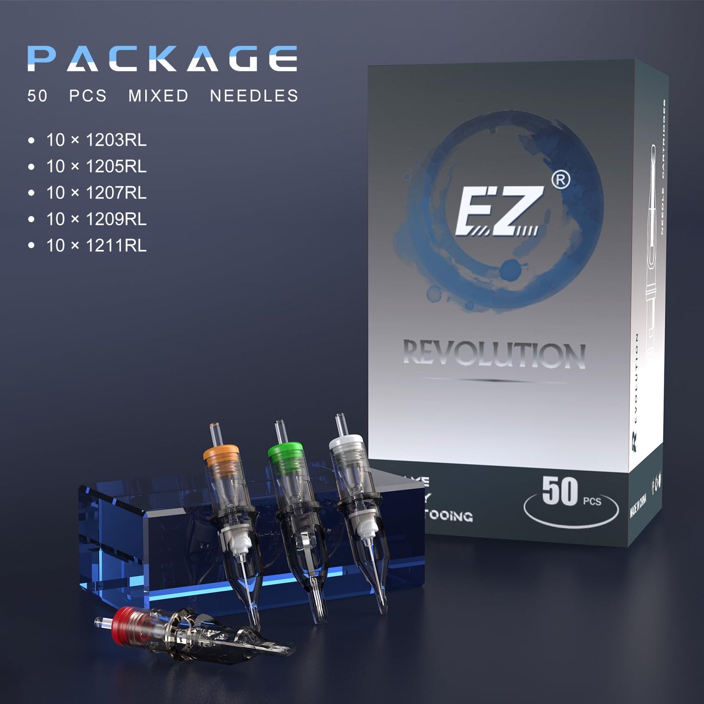 EZTAT2 50Pcs Mixed Tattoo Cartridge Needles (1203RL, 1205RL, 1207RL, 1209RL, 1211RL) – Standard Round Liner for Rotary Tattoo Pen