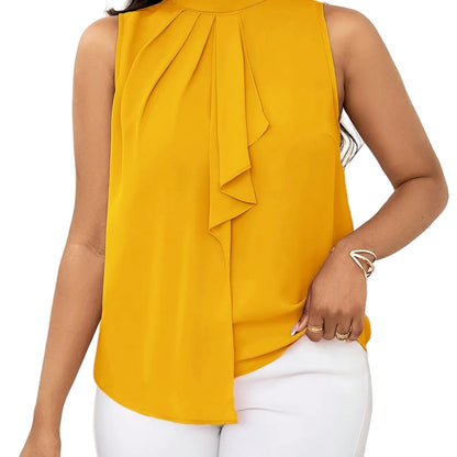 Women's High Neck Sleeveless Top – Solid Color with Lace-Up Detail