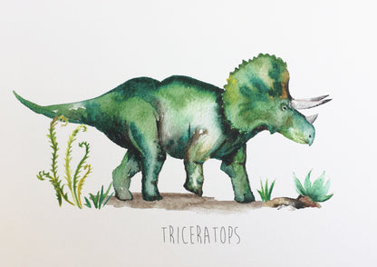 Triceratops Dinosaur Watercolour Wall Print