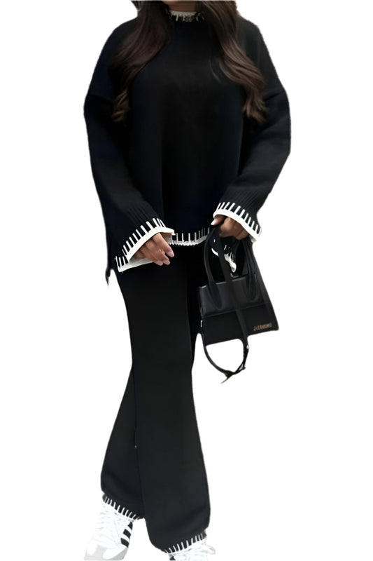 Women's 2-Piece Knitted Co-Ord Lounge Set – Stitched Detail Sweater & Pants Outfit