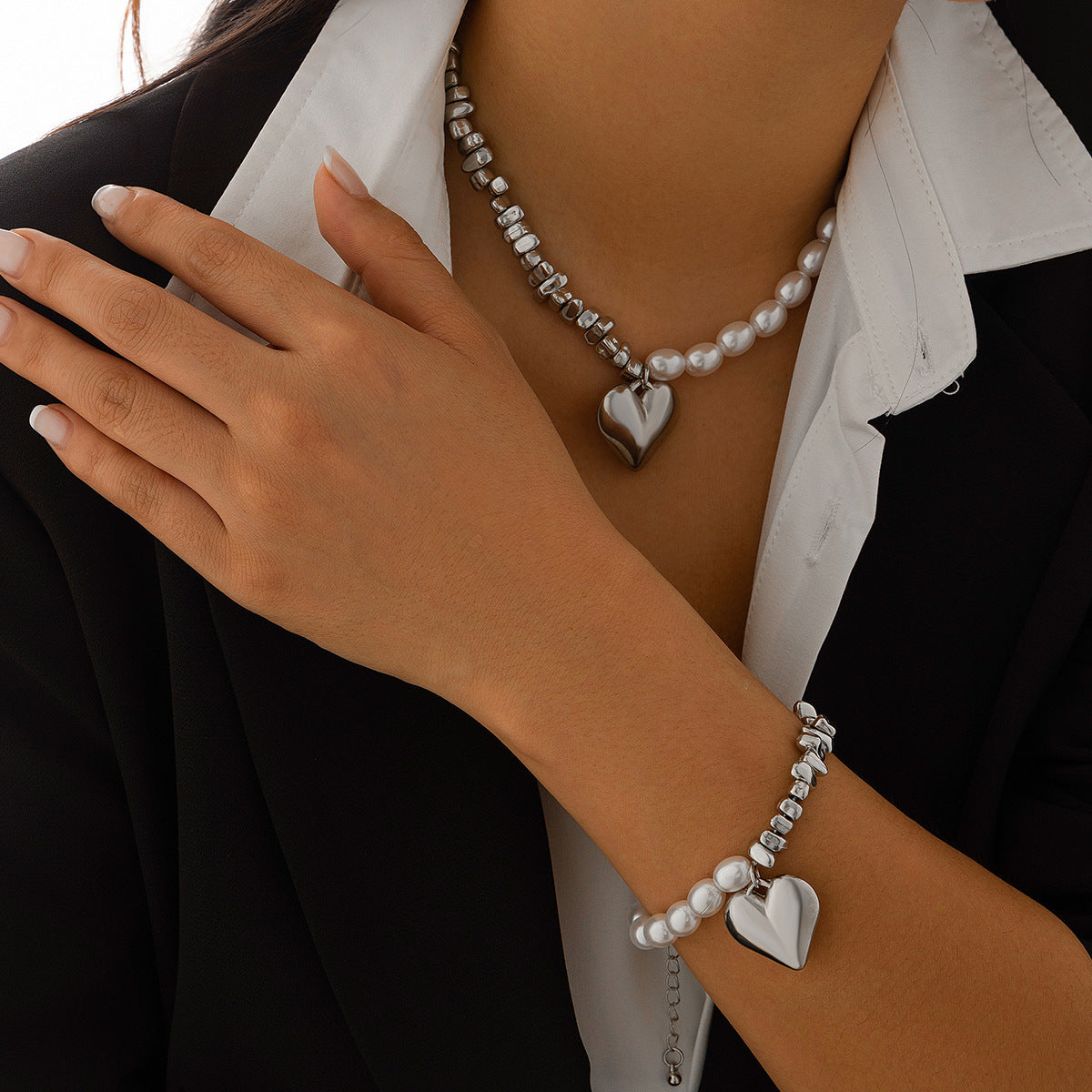 Multi-layer Beaded Heart Necklace & Bracelet Set