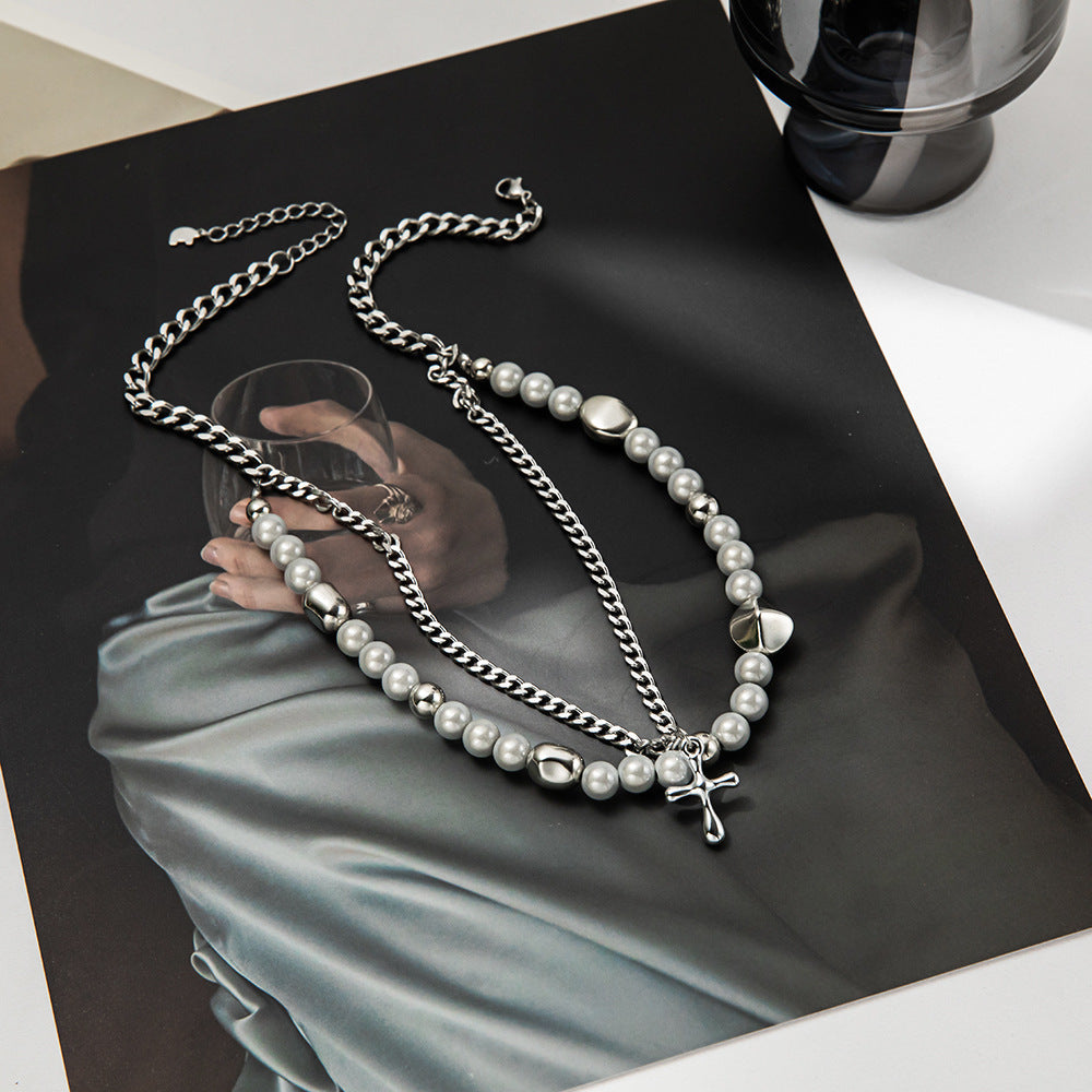 Multi-Layered Cross and Stone Double Necklace