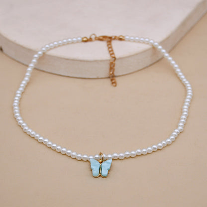 White Pearl Butterfly Choker Necklace