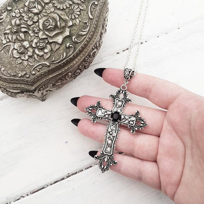 Retro Flower Pattern Cross Necklace