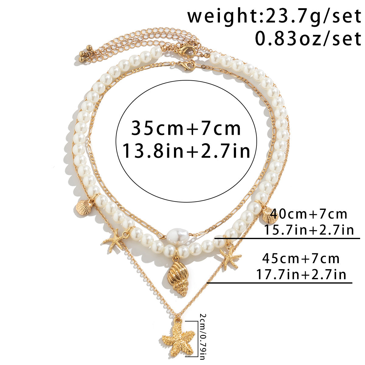 Multi-Layer Starfish Shell Pearl, Cross, Palm Tree Necklaces, 3Pc Set