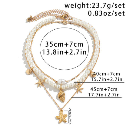 Multi-Layer Starfish Shell Pearl, Cross, Palm Tree Necklaces, 3Pc Set