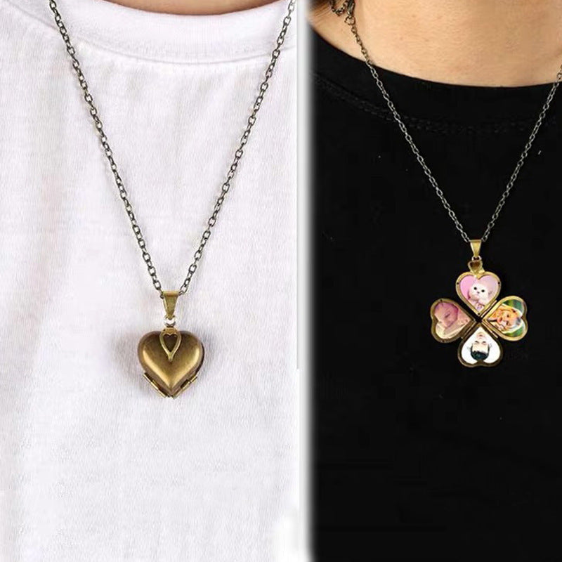 Four Open Heart-like Four-Leaf Clover Locket Necklace