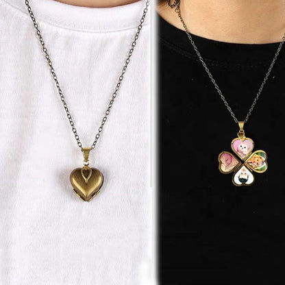 Four Open Heart-like Four-Leaf Clover Locket Necklace