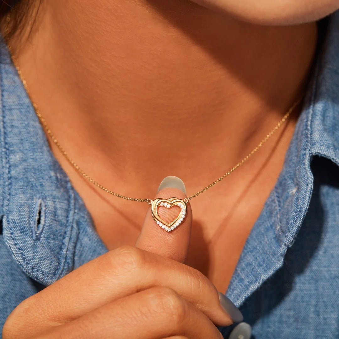 Silver Overlapping Double Hollow Heart Necklace