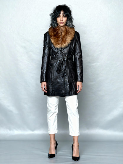 Lovely Original 1970's Vintage Brown Leather & Sheepskin Coat UK 8 - 12