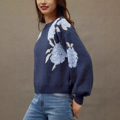 Off-neck Flower Jacquard Pullover Women's Loose Casual