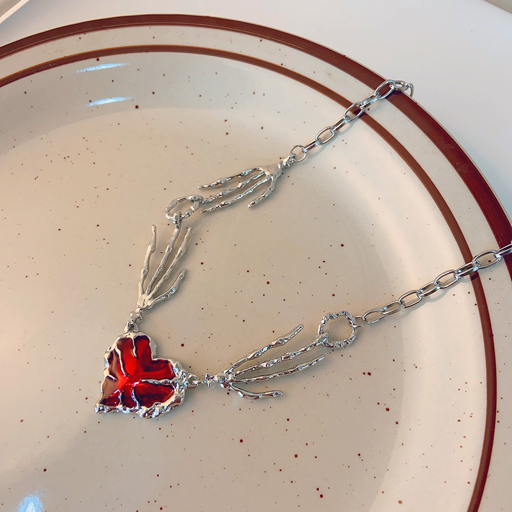 Punk Dark Red Love Heart Pendant Necklace