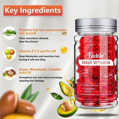 Fadelo Hair Treatment – Frizz & Damage Control with Vitamins A, C, E, B5 + Argan, Macadamia & Avocado Oils | 40 Capsules