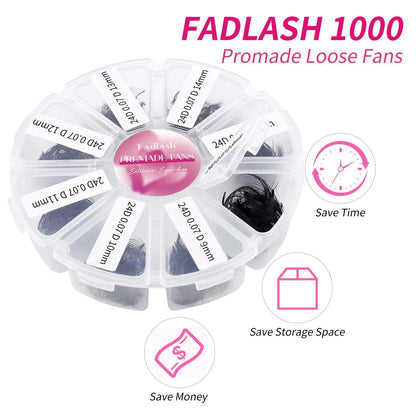 FADLASH 1000 Fans Premade Volume Extensions – 24D D Curl, Thin Base, Premium Premade Fans
