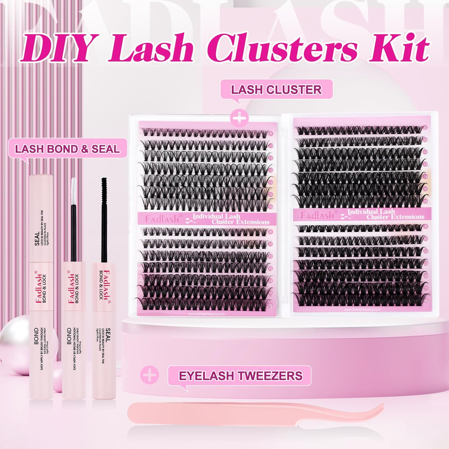 FADLASH Lash Clusters Kit 560Pcs | 8-16mm D-Curl DIY Extensions with Bond & Seal
