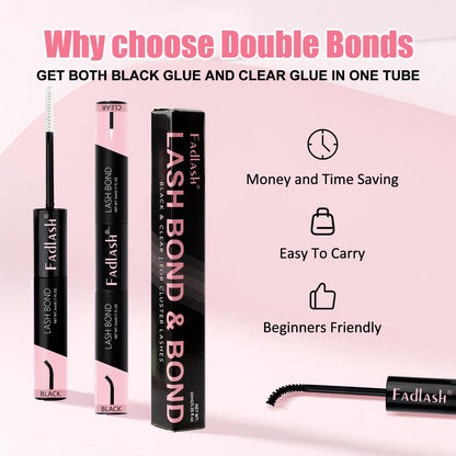 FADLASH 2-in-1 Cluster Lash Glue – Black & Clear, 72h Waterproof Hold