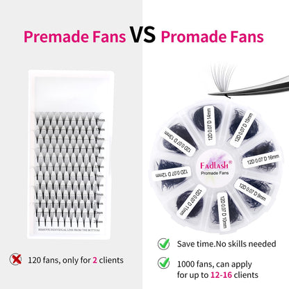 FADLASH 1000ct Premade Lash Fans – D Curl 12D-0.07D, 9–16mm | Budget-Friendly Volume Lashes