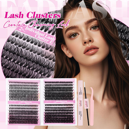 FADLASH Lash Clusters Kit 560Pcs | 8-16mm D-Curl DIY Extensions with Bond & Seal