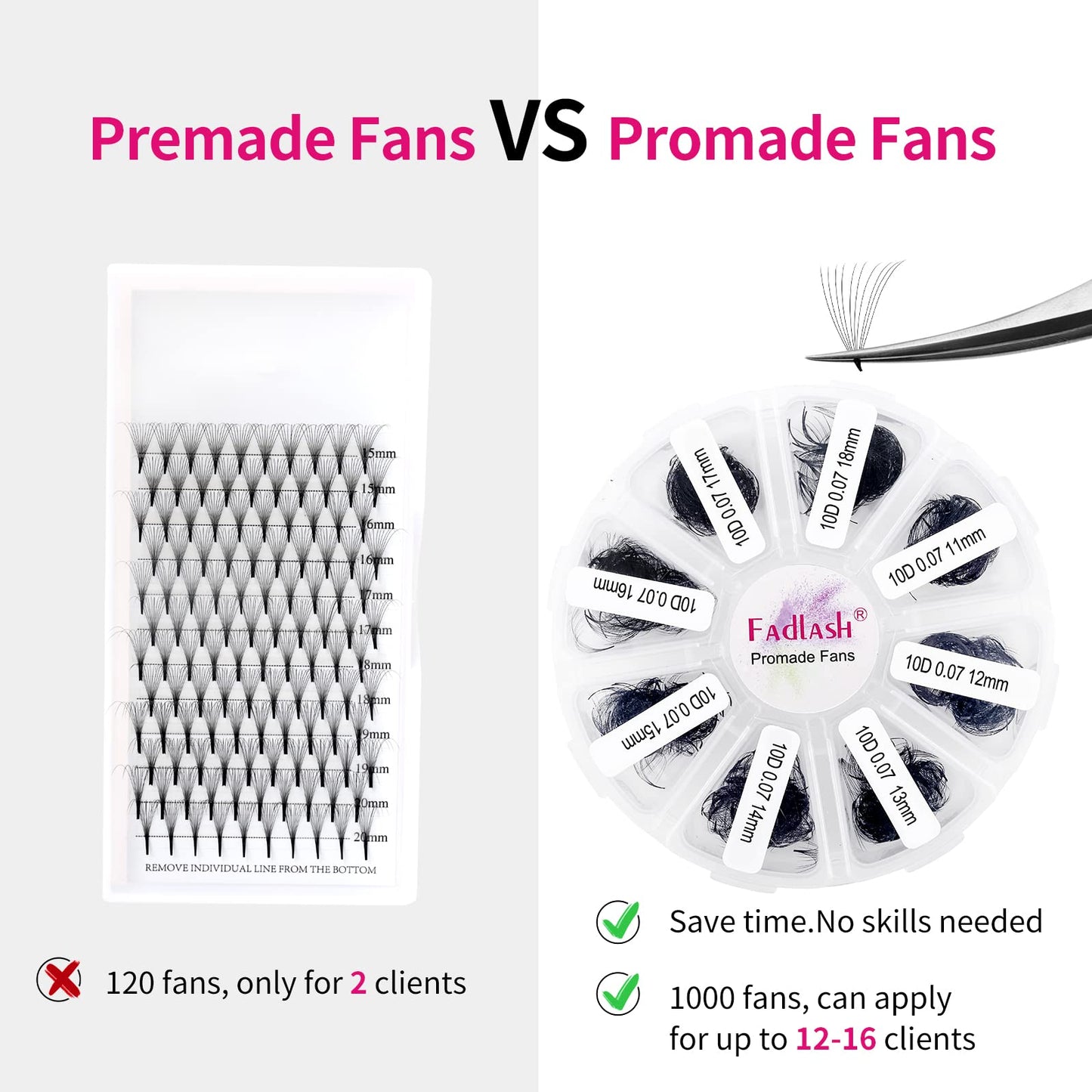 FADLASH Premade Lash Fans Tray 1000 – D Curl 10D-0.07D, 11-18mm