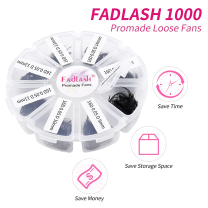FADLASH Premade Fans 1000ct Mix – D Curl Promades, 16D-0.05D, 9-16mm