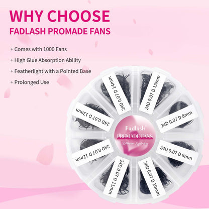 FADLASH 1000 Fans Premade Volume Extensions – 24D D Curl, Thin Base, Premium Premade Fans