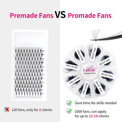 FADLASH Premade Fans Eyelash Extensions 1000-Pack | 10D-0.07C, 13-16mm