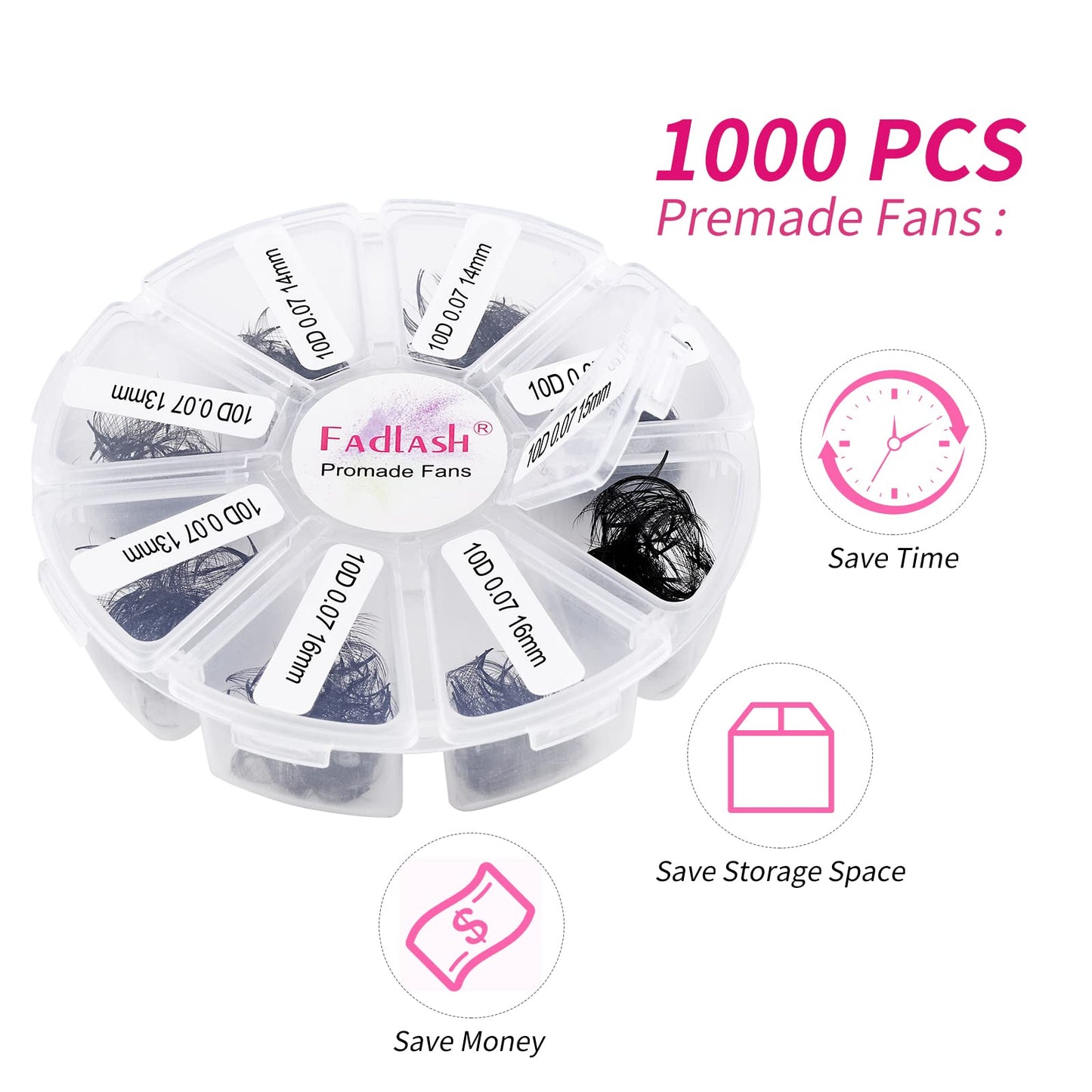 FADLASH Premade Fans Eyelash Extensions 1000-Pack | 10D-0.07C, 13-16mm