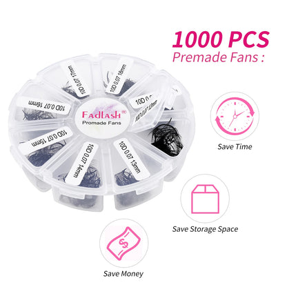 FADLASH Premade Lash Fans Tray 1000 – D Curl 10D-0.07D, 11-18mm