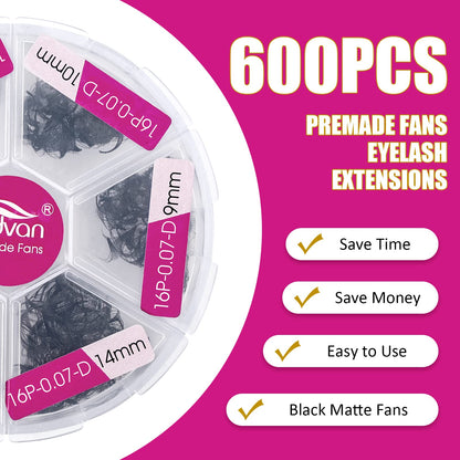 FADVAN 600 Premade Fans Eyelash Extensions | 16D 0.07D, 9–14mm Volume