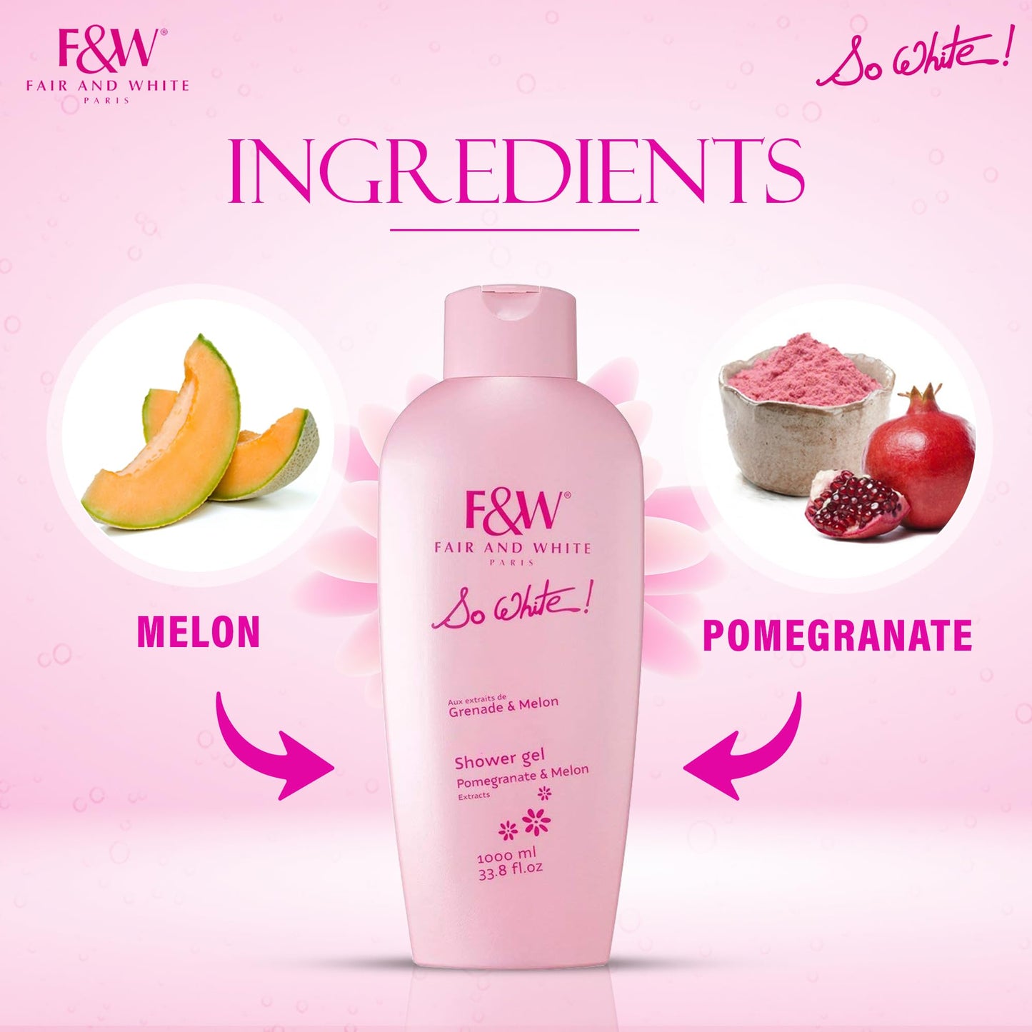 FAIR & WHITE So White Refreshing Brightening Body Wash – 1000ml | Melon & Pomegranate Extracts