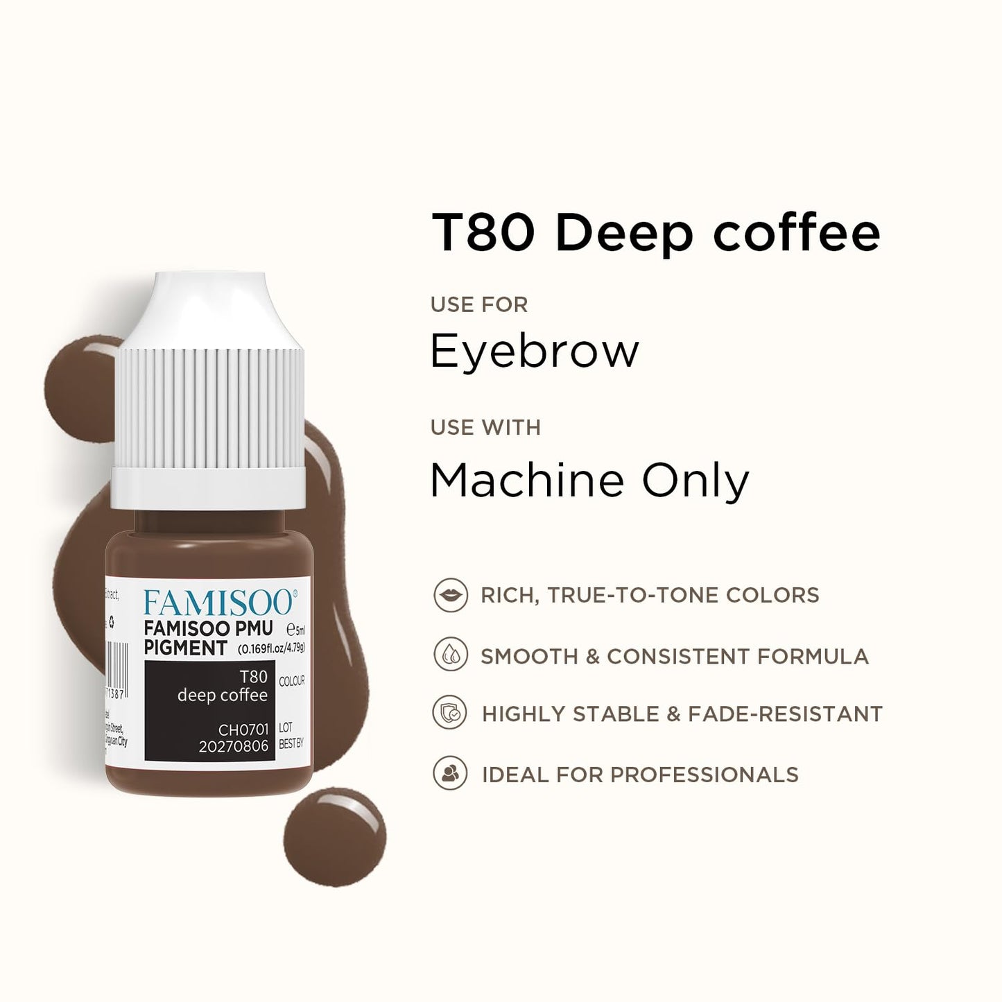 FAMISOO PMU Pigments for Eyebrow 5ml – T95 Black Brown, Long-Lasting Microblading Ink