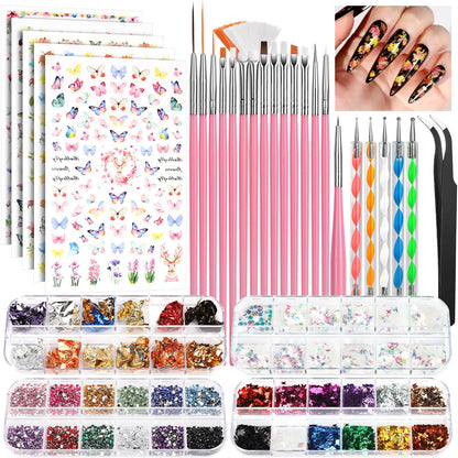 FANDAMEI Nail Art Brushes Set | Complete Nail Design Kit with Dotting Pens, Rhinestones & Sequins